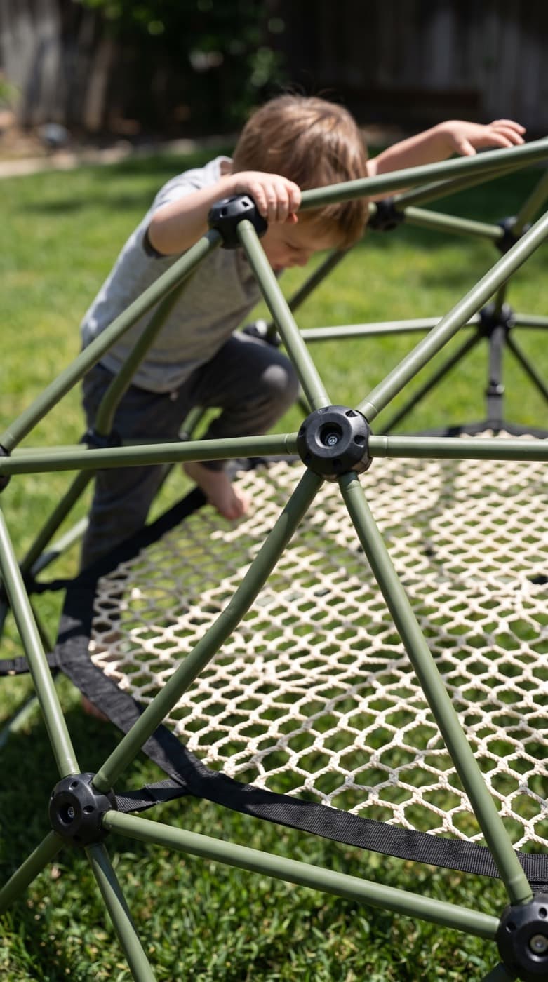 A kid climbing an ActiveJoy climbing dome in a backyard